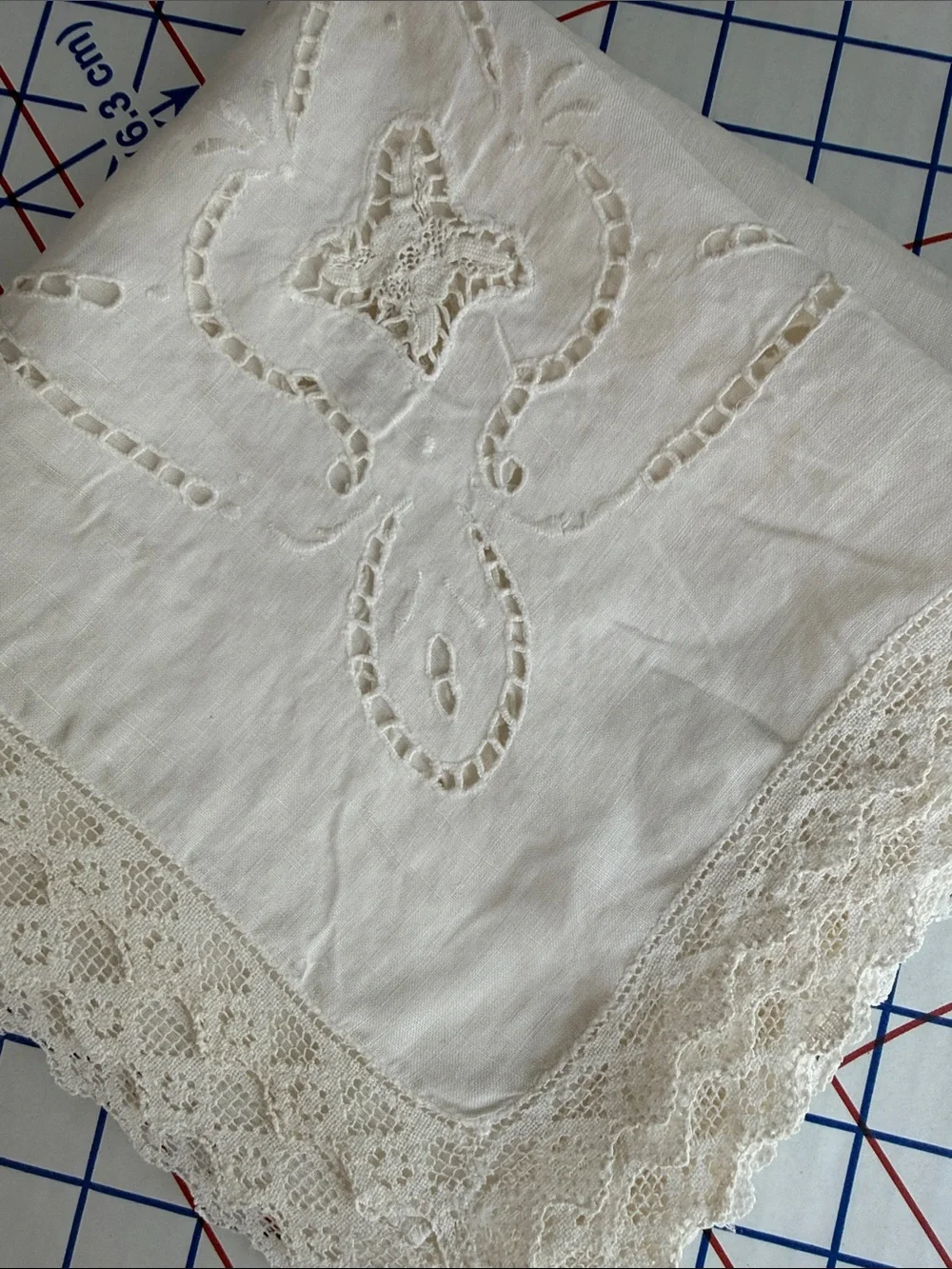 Antique White Linen Lace Table Topper 33 x 31 Drawn Thread Cutwork Embroidery